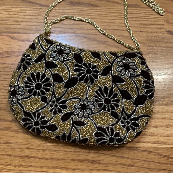 Vintage 1950s beaded velvet Evening Bag black Gold - Picture 1 of 10